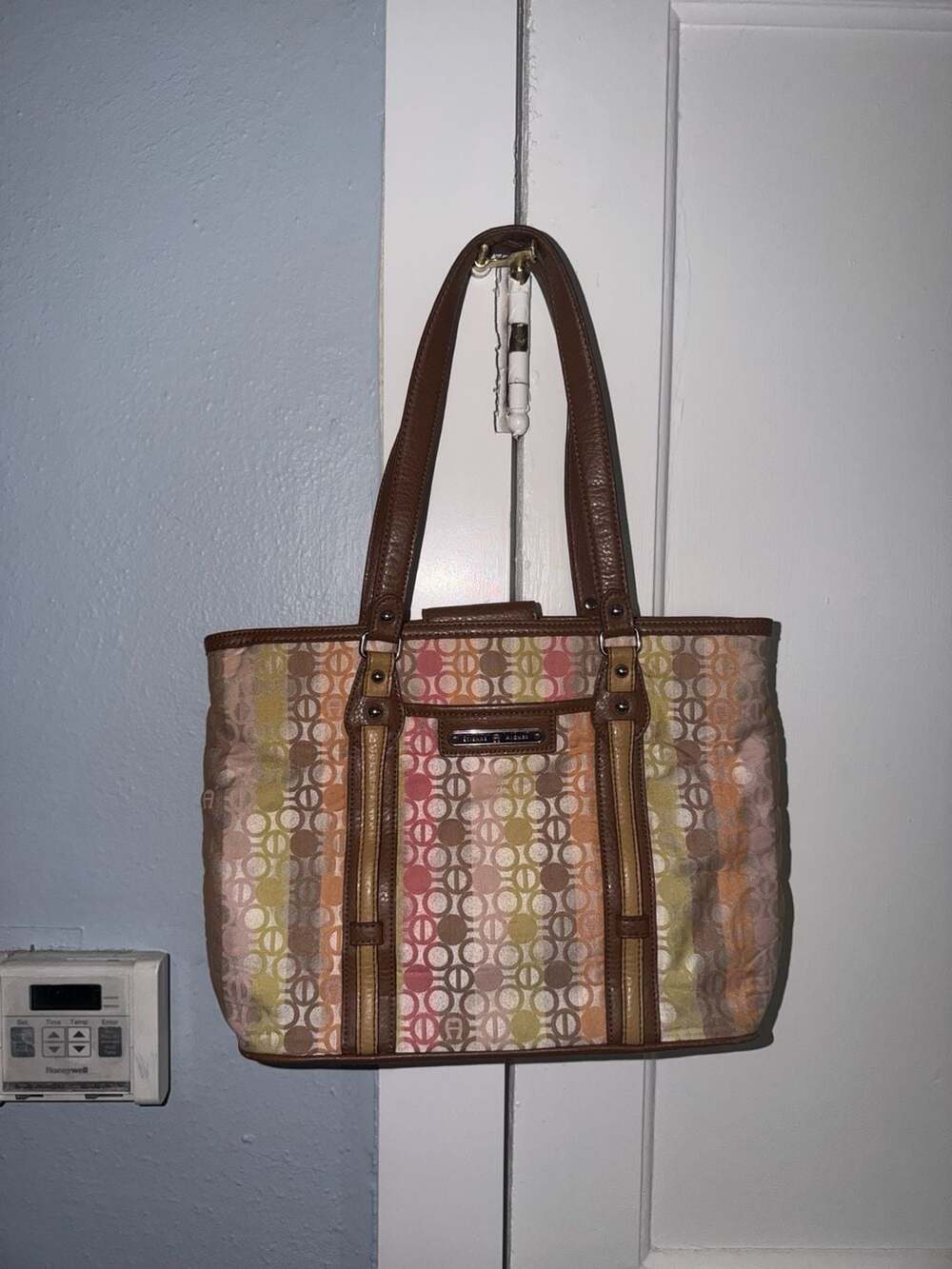 Etienne Aigner Multi-Color Striped Logo Print Tote Bag